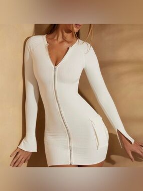 Oh Polly Full Zip White Long Sleeve Dress